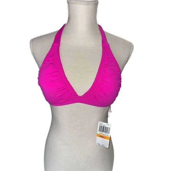 Becca Women's Pink Santorini Halter Allover Shirred Bikini Top Size S - Picture 3 of 4